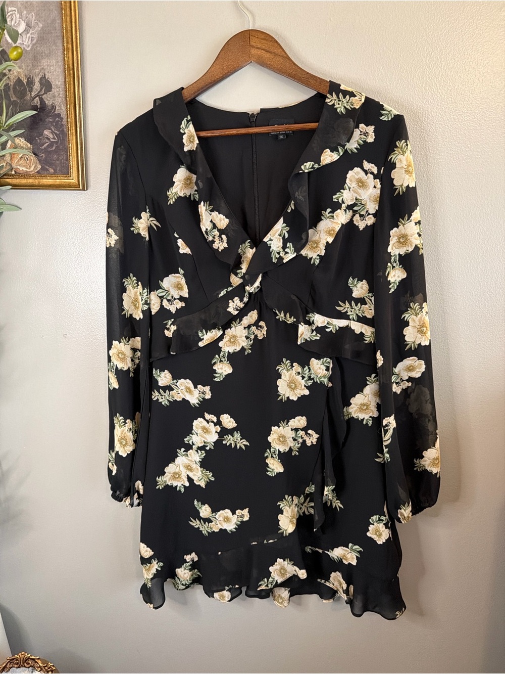 Bardot Floral Ruffle Long Sleeve Mini Dress Black Cream US 10 Large - Picture 3 of 10